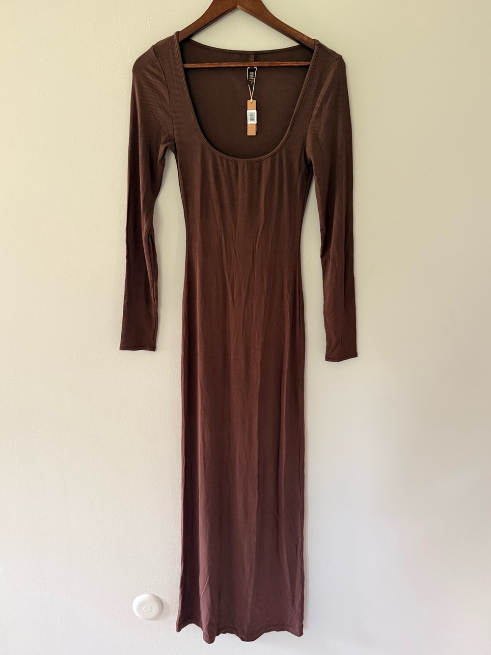 SKIMS Ribbed Long Sleeve Maxi Dress Brown Medium NWT Modal Stretch